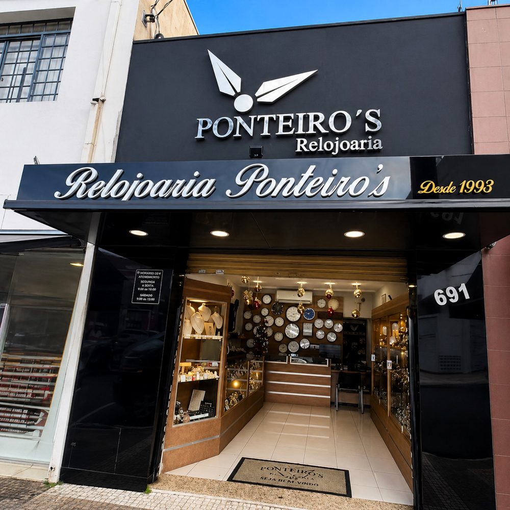 Fachada da Ponteiro's Relojoaria na Rua Dona Margarida, 691, Centro de Santa Bárbara d'Oeste, com a inscrição Desde 1993