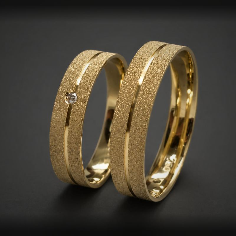 Par de alianças em ouro 18k com acabamento diamantado, friso polido e solitário